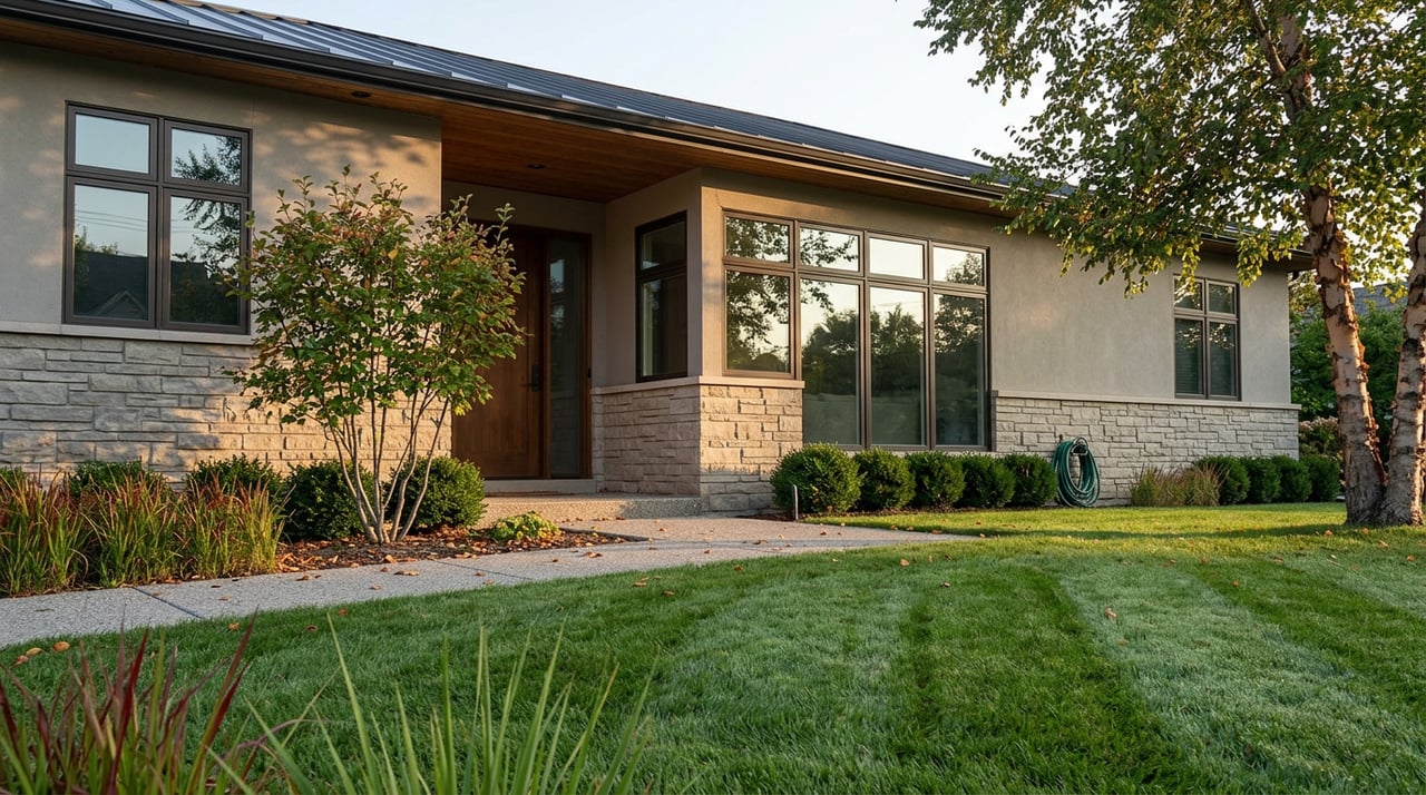 Contemporary stone-and-stucco home with dark metal roof, broad glass windows, and autumn leaves on the walkway.