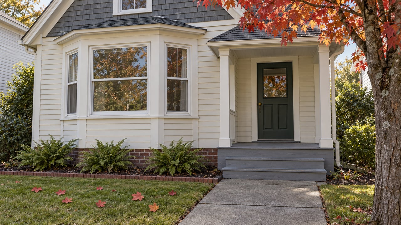 Ivory clapboard home with a dark green front door, small covered porch and red maple foliage in autumn morning light.