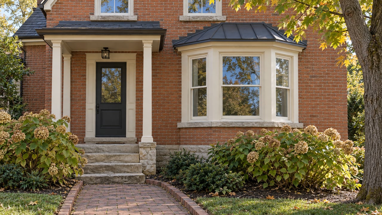 Orange-red brick century home with cream timber sash windows, a charcoal entry door, limestone steps and an autumn garden.