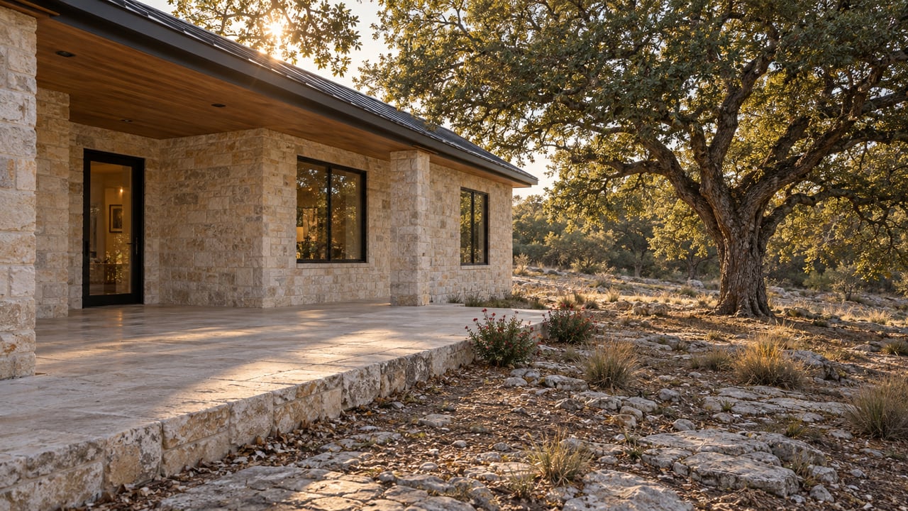 Limestone house with a covered terrace beside rocky ground and a mature oak tree.