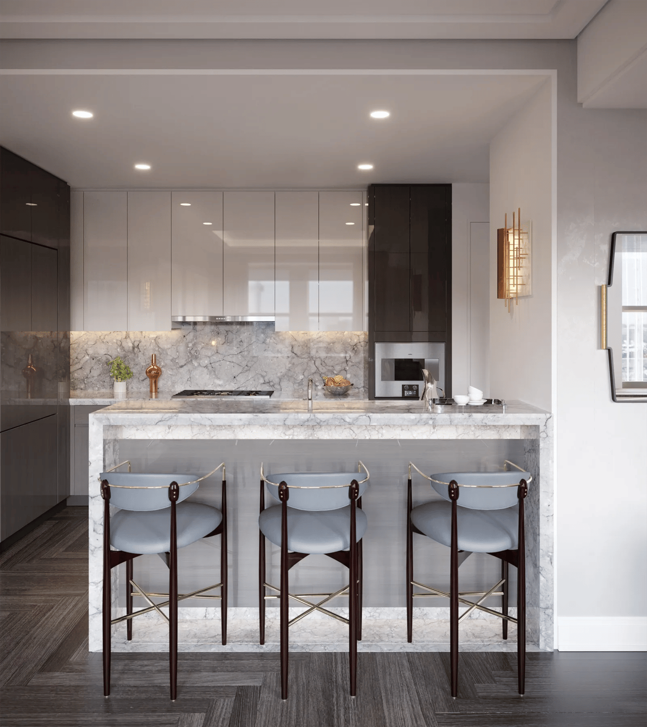 Modern kitchen with a veined marble island, dark cabinetry, and three bar stools.