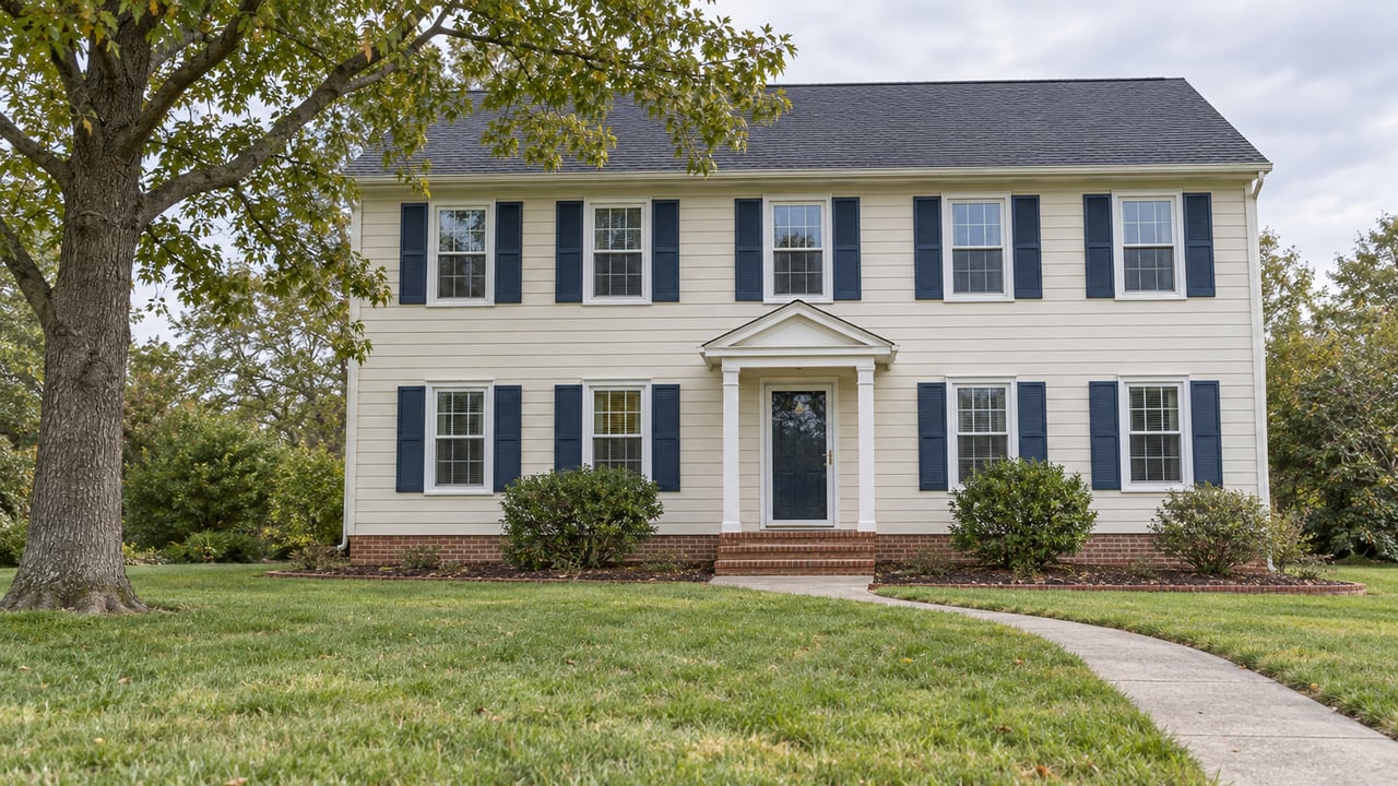 Ivory two-story home with navy shutters, a brick entry stoop, deep front lawn and a mature white oak under bright cloudy light.