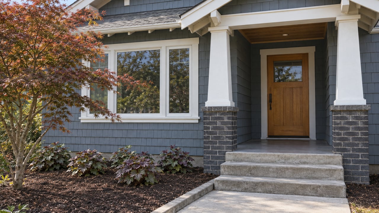 Blue-gray shingled bungalow with a covered porch, white tapered columns, concrete steps and a small Japanese maple garden.