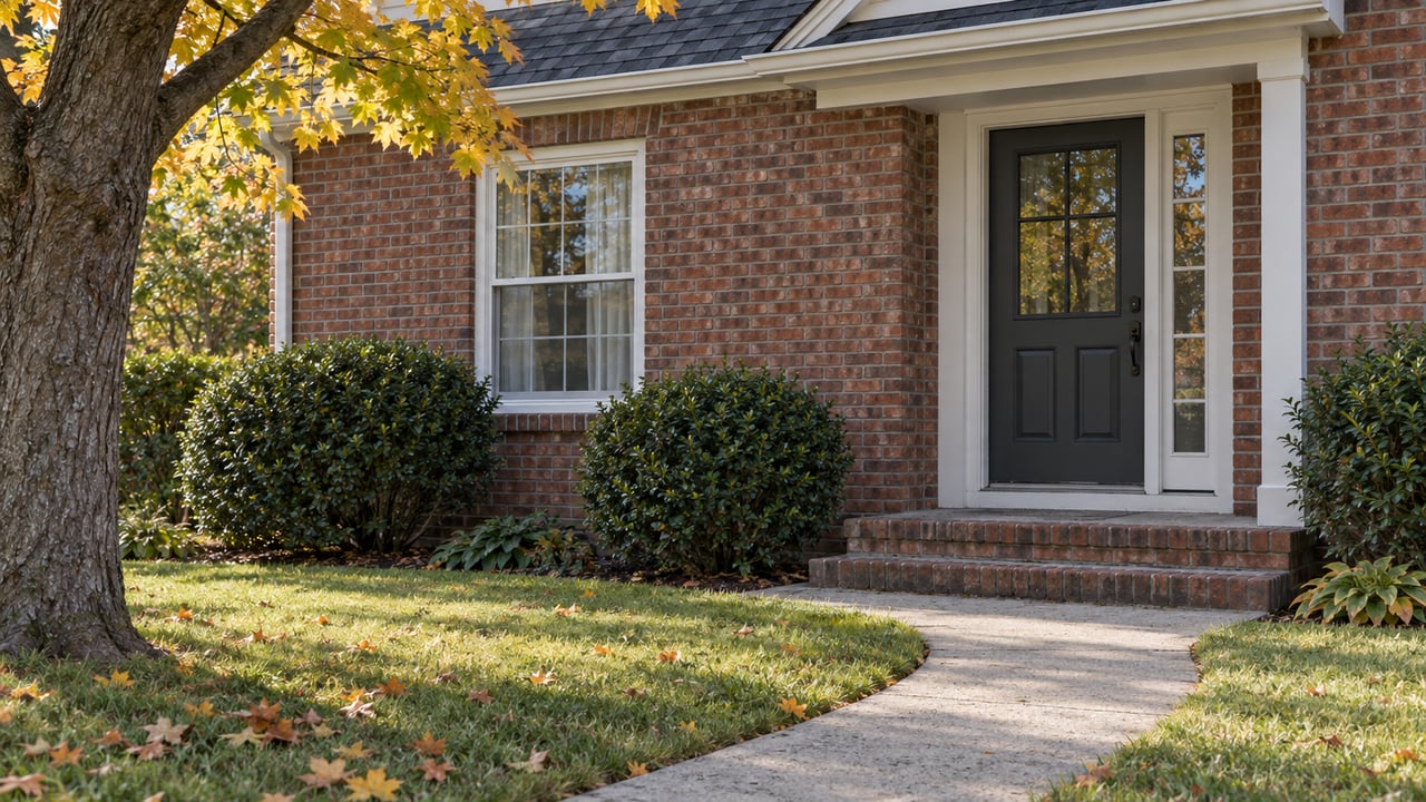 Brick Cape Cod entrance with charcoal door, glazed sidelight, curved walkway, and yellowing maple leaves.