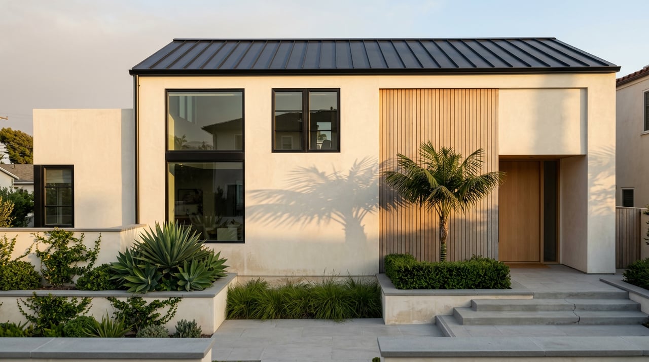 Coastal modern home with cream stucco, oak-slat cladding, black windows, and a specimen palm beside the entry.