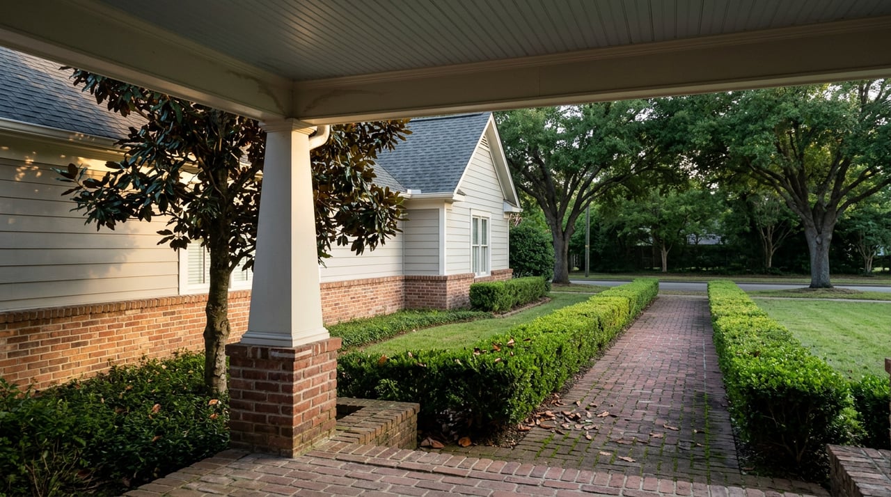 Covered porch frames a brick walk and deep lawn beneath mature street trees.
