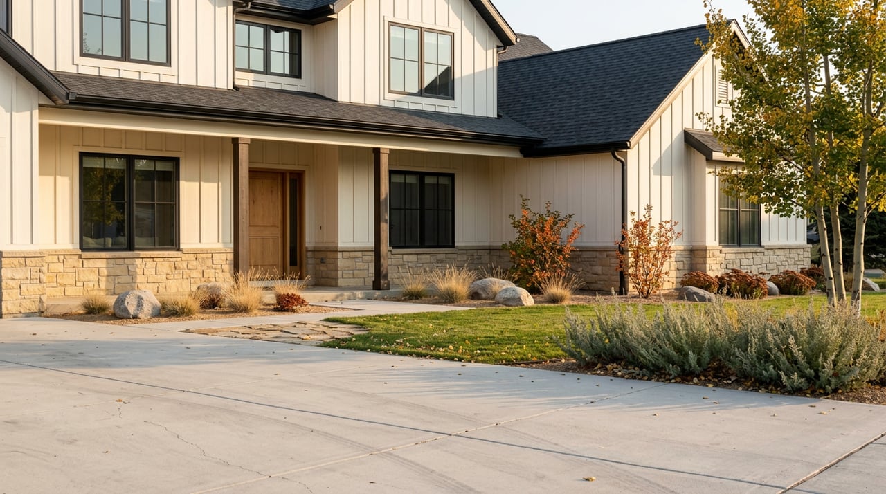 Transitional farmhouse with a stone facade, gray motor court, and golden aspens beside the entry.