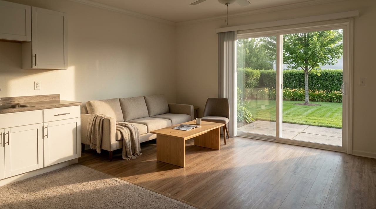 Living room with oatmeal sofa and oak coffee table opens through a sliding door to a patio and shared lawn.