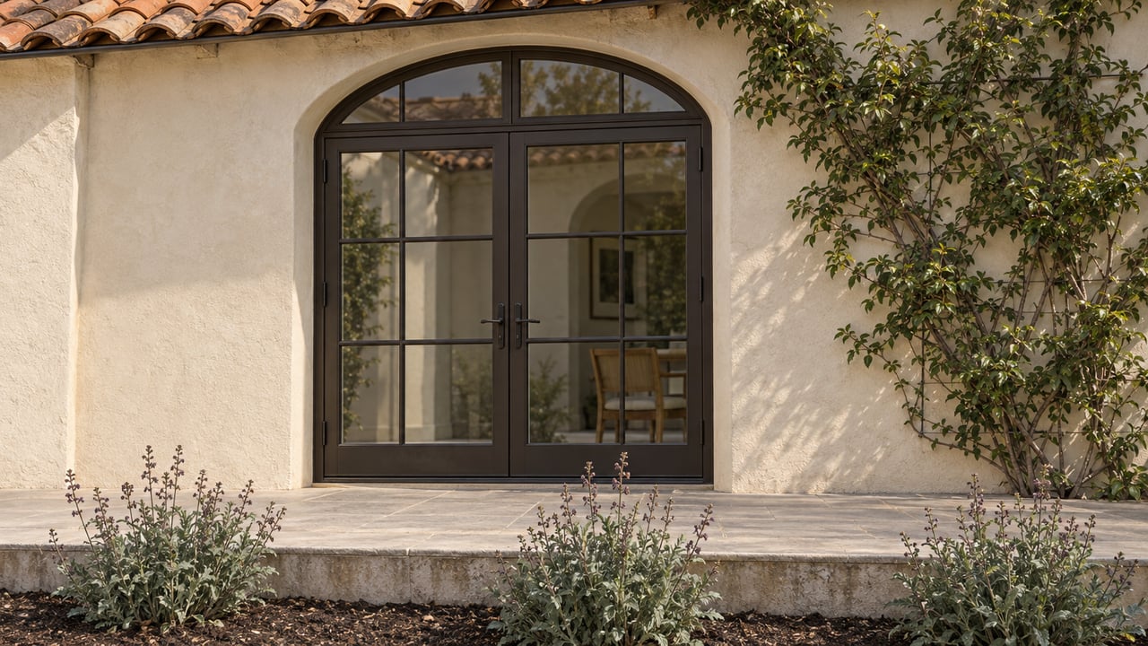Arched dark-framed window in sunlit ivory stucco above a limestone terrace, beside a climbing rose and silver-green sage.