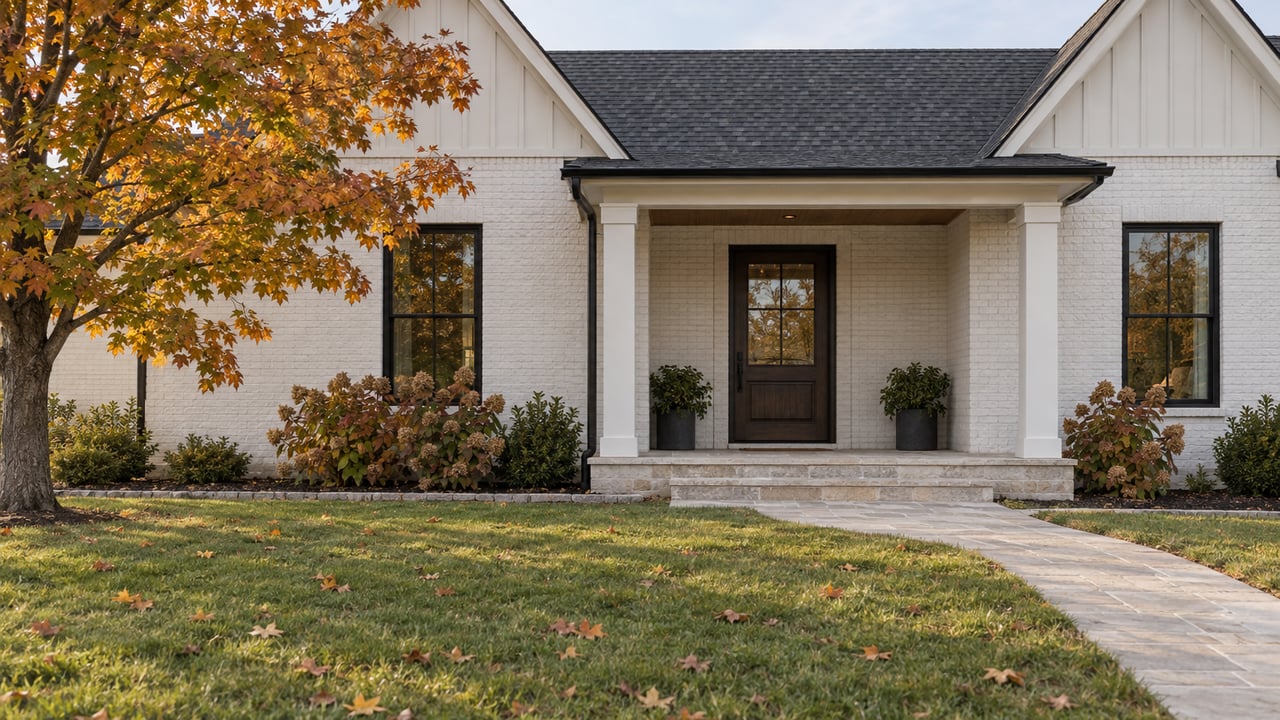 White-painted brick home with twin gables, a covered oak entry, broad lawn and amber maple foliage in autumn light.