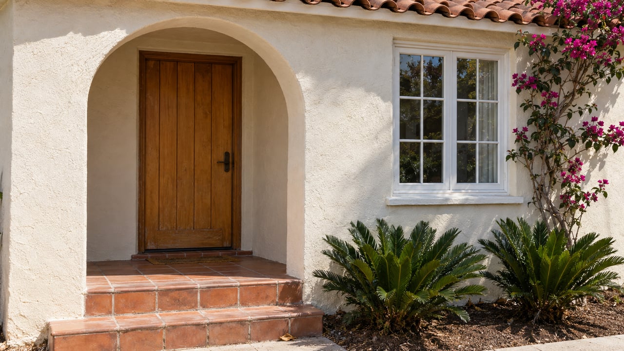 Stucco porch arch casting a shadow beside a plank door, divided-light window, and magenta bougainvillea.