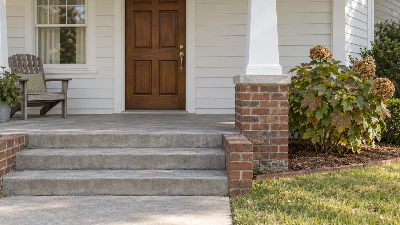 A covered front porch with a wooden door, white siding, brick column base and concrete steps beside an oakleaf hydrangea and lawn.