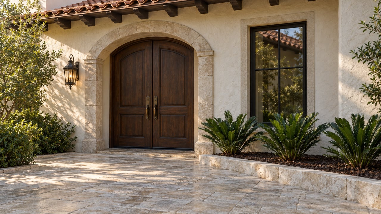 Recessed stone arch frames closed double wood doors, with a glazed window, terracotta eave, and limestone-paved approach.