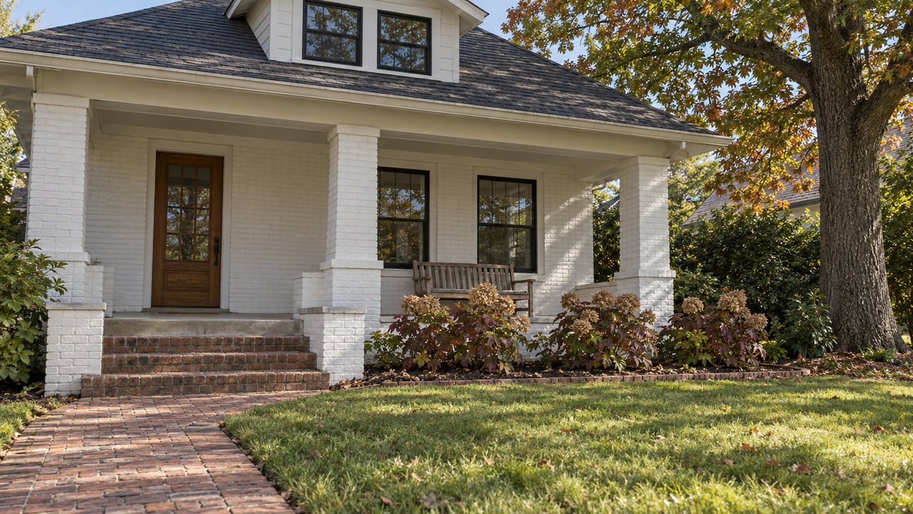Painted-brick bungalow with a raised covered porch, brick walk, broad autumn lawn, and mature oak.