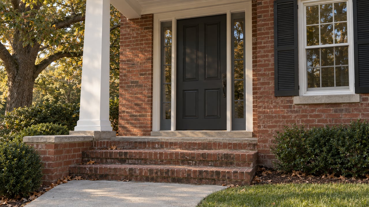 Brick house entrance with white column, dark paneled door, brick steps, and oak leaves beneath a canopy.
