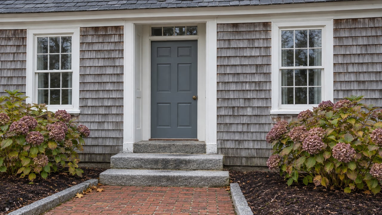 Weathered cedar-shingled cottage entrance with a blue-gray door, white sash windows, granite steps and faded hydrangea blooms.