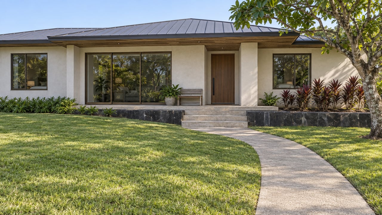 Contemporary ivory-stucco home with a broad roof, bronze-framed glazing and a raised stone entry beyond a deep lawn and tropical specimen tree.