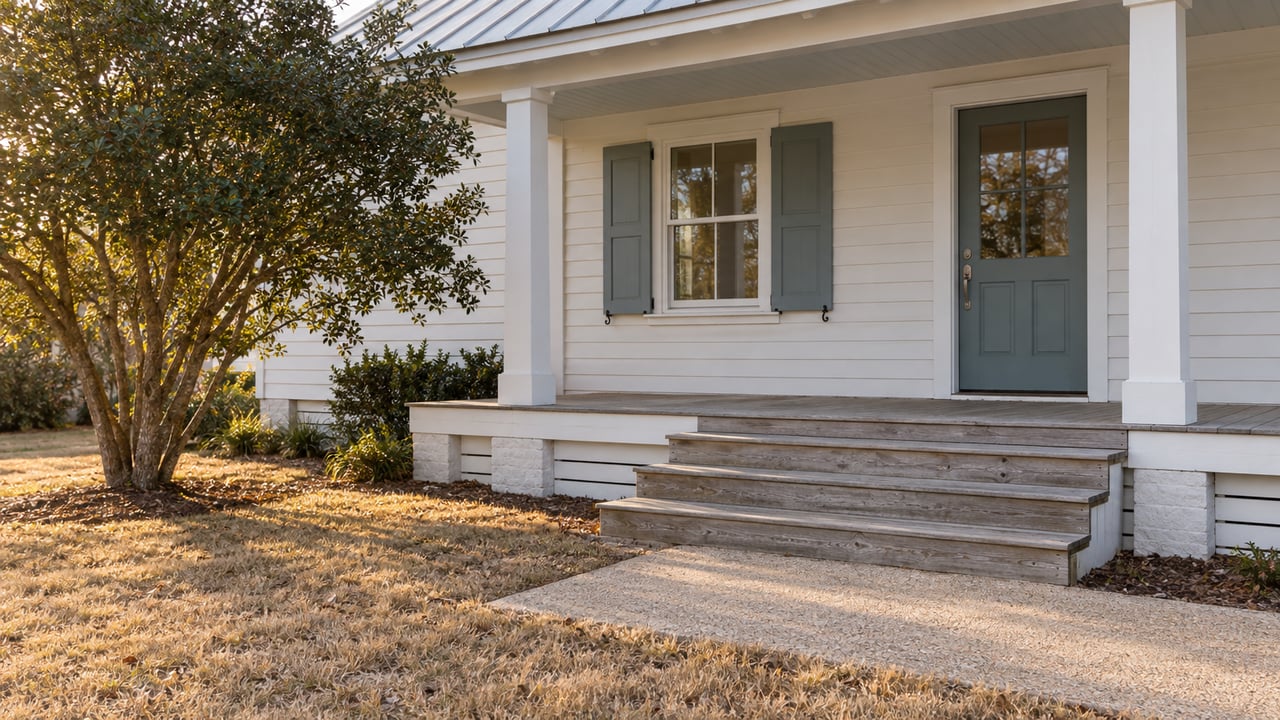Sun-worn white cottage porch with a blue-green entry door, pale blue shutters, wooden steps and a yaupon holly beside the lawn.