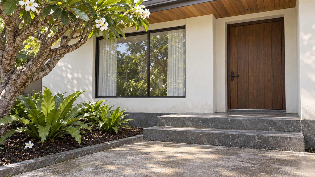Sheltered wood entry and dark-framed window above basalt steps, beside a flowering plumeria and three bird's-nest ferns.