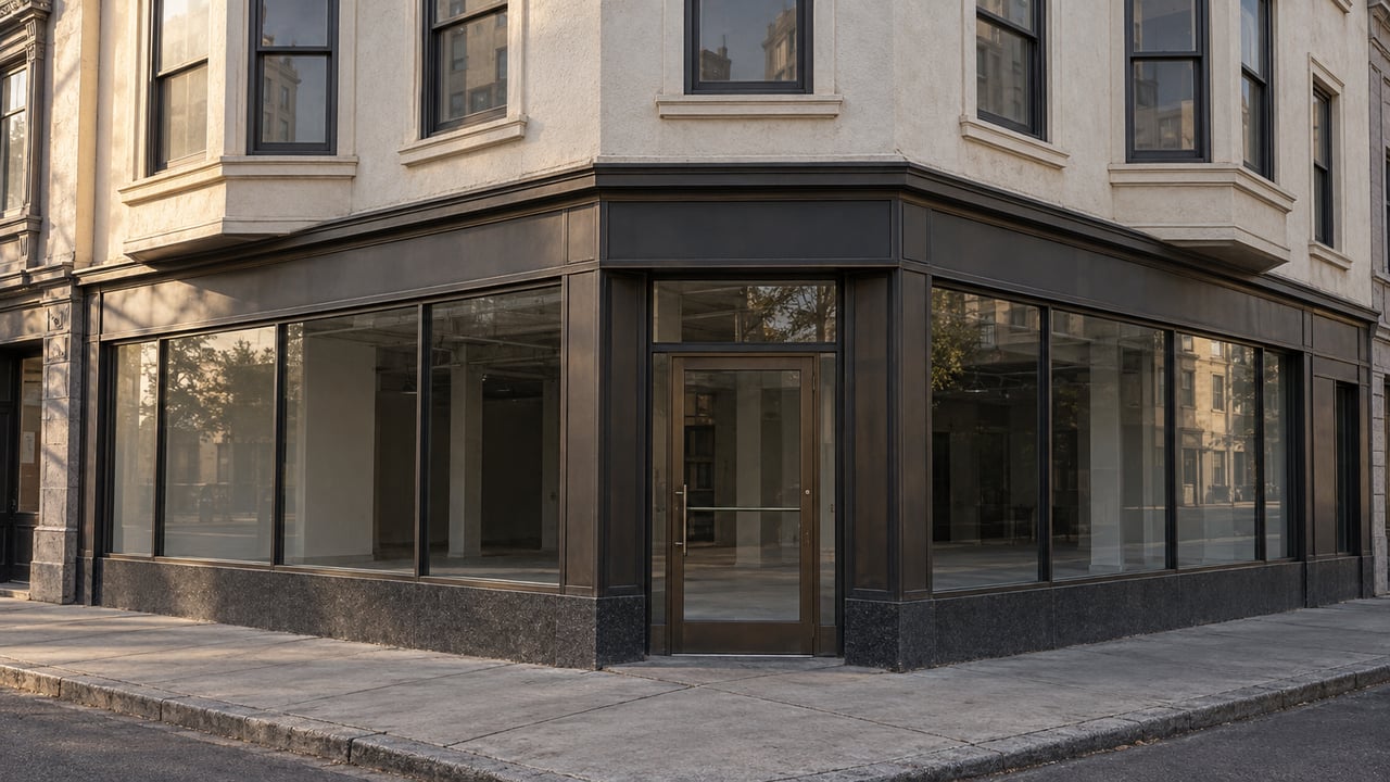 Chamfered mixed-use corner building with a bronze-framed storefront and ivory stucco upper floors.