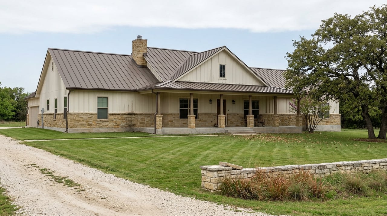 White farmhouse with fieldstone facade and dark metal roof, fronted by a limestone drive, stone wall, and broad oak.