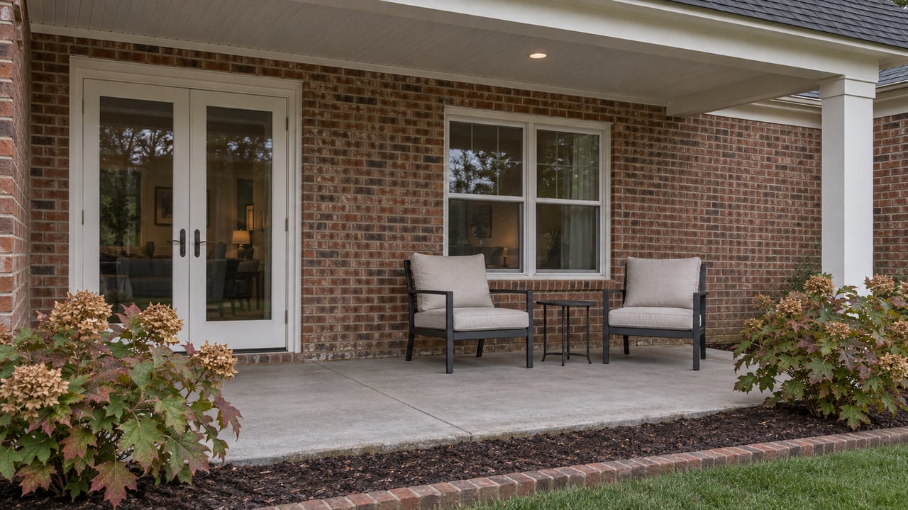 Covered brick-home porch with white double doors, two cushioned chairs, and flowering shrubs.