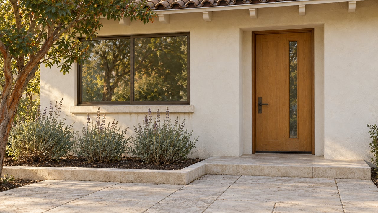 An ivory stucco home entrance with a weathered tile eave, oak door, bronze-framed window and limestone garden approach beside a strawberry tree and Cleveland sage.
