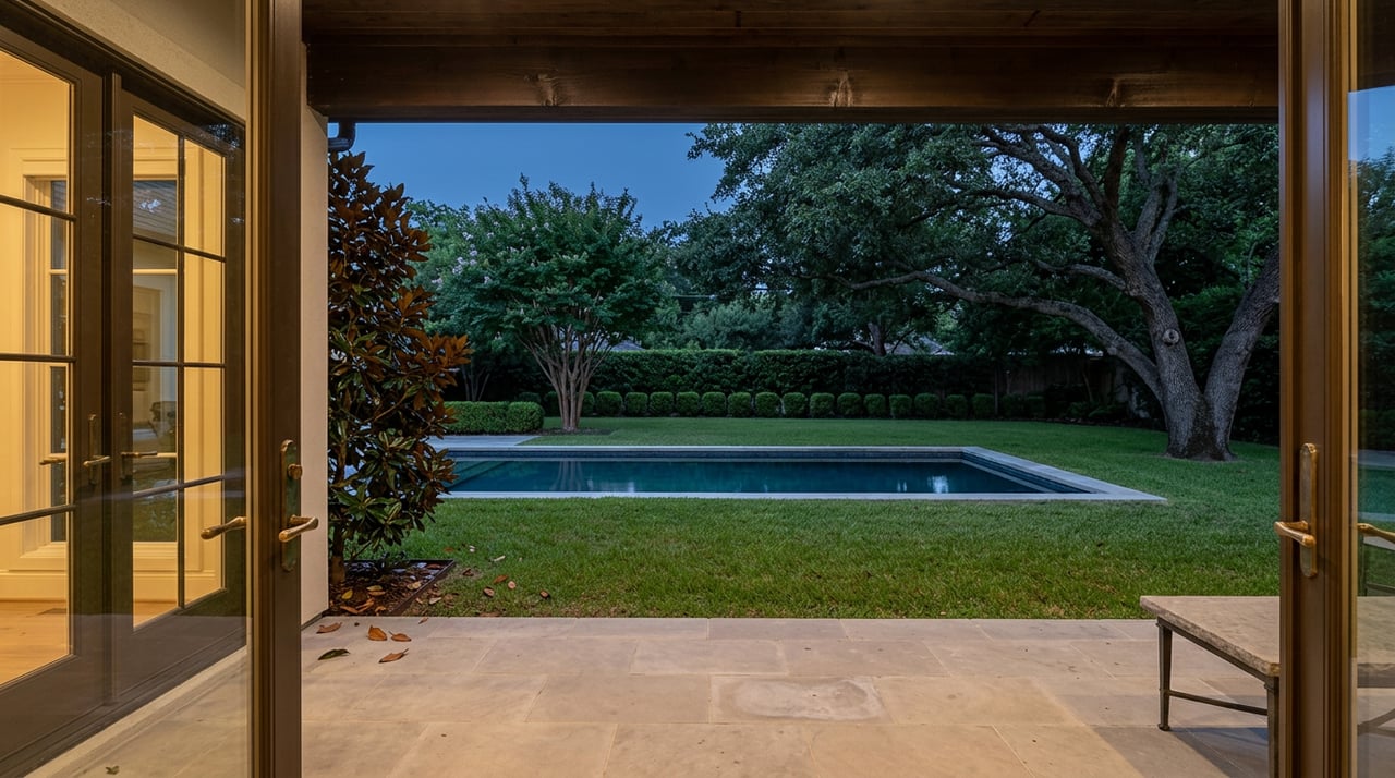 Open bronze-framed French doors overlook a pool and lawn beneath a live oak canopy at dusk.