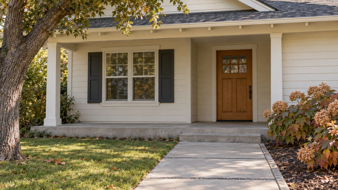 Cream-sided single-story home with an oak front door, shaded porch, concrete approach and autumn-colored hydrangeas beneath a mature oak.