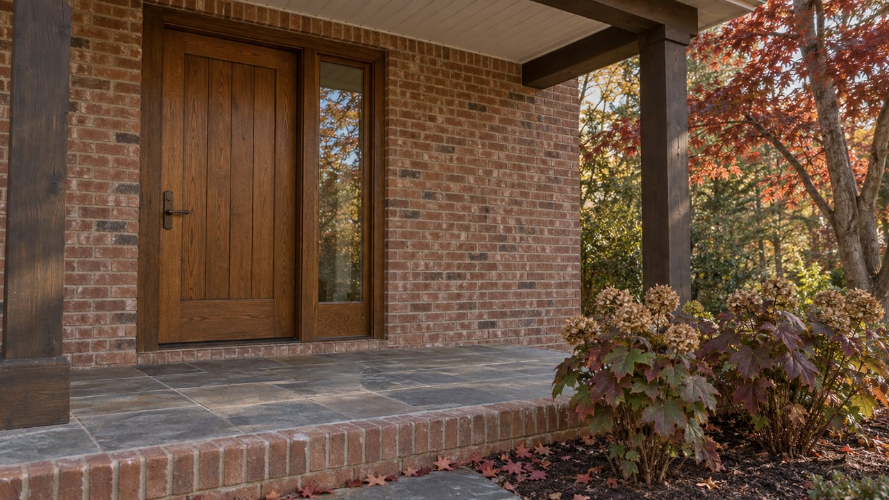 Sheltered brick home entry with a closed oak door, slate landing and red autumn leaves beside oakleaf hydrangeas.