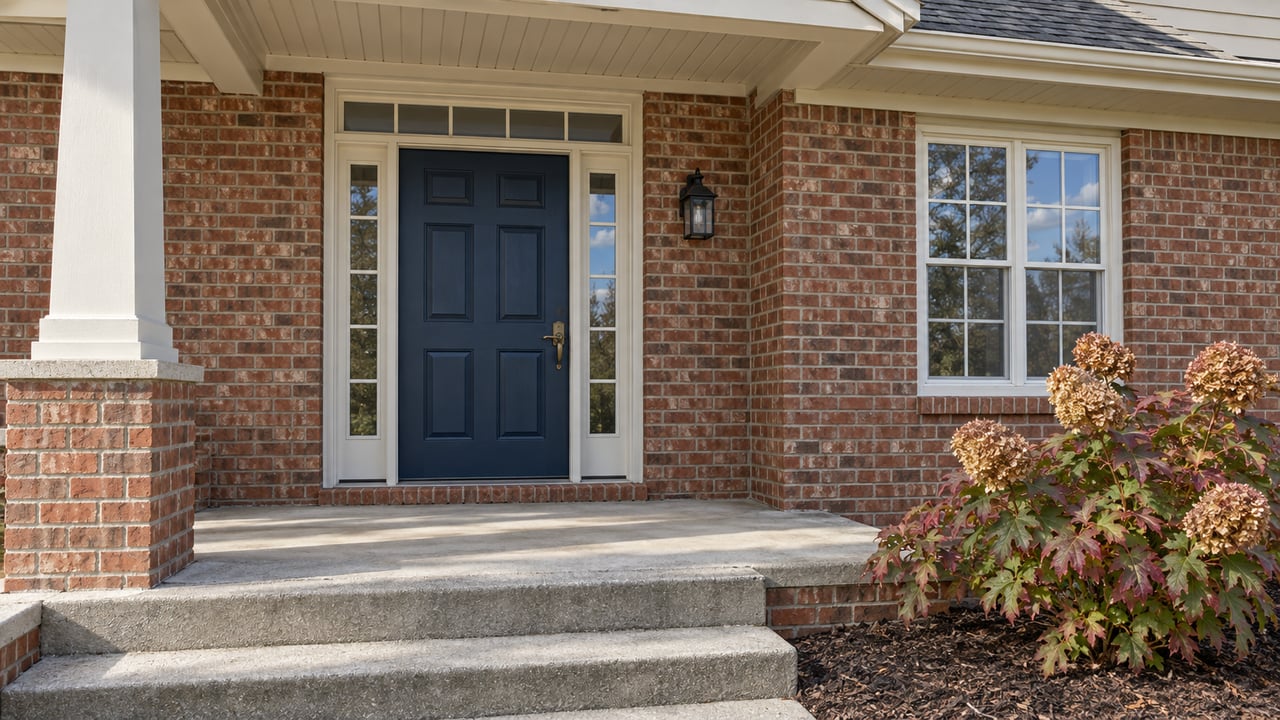Covered entry with a dark blue door, red brick walls, cream trim, concrete steps and autumn oakleaf hydrangea.