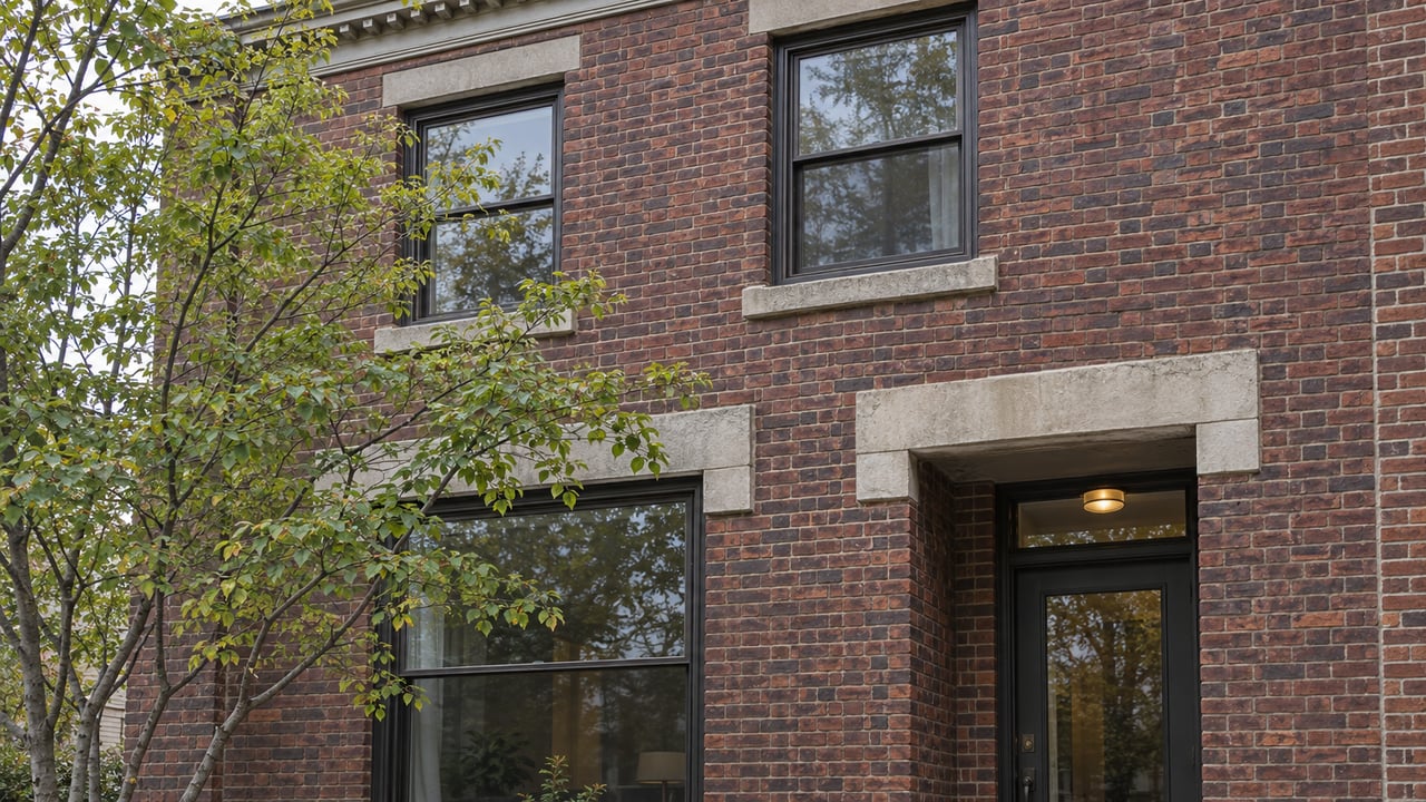 Two-story red-brick apartment building with a recessed entry, limestone lintels, and a small tree beside the steps.