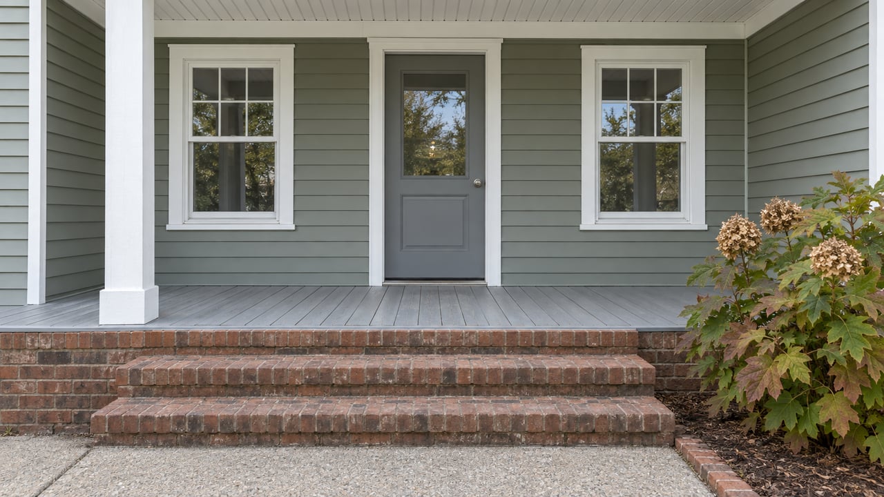 Green-gray clapboard house entrance with white porch trim, worn brick steps and an oakleaf hydrangea beside the concrete walk.