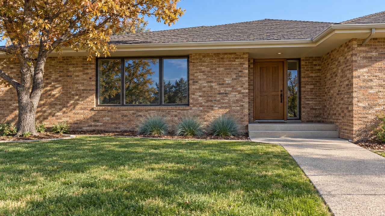 A low brick ranch home with a recessed oak entry, broad windows, deep front lawn and an amber-leaved oak in morning sunlight.