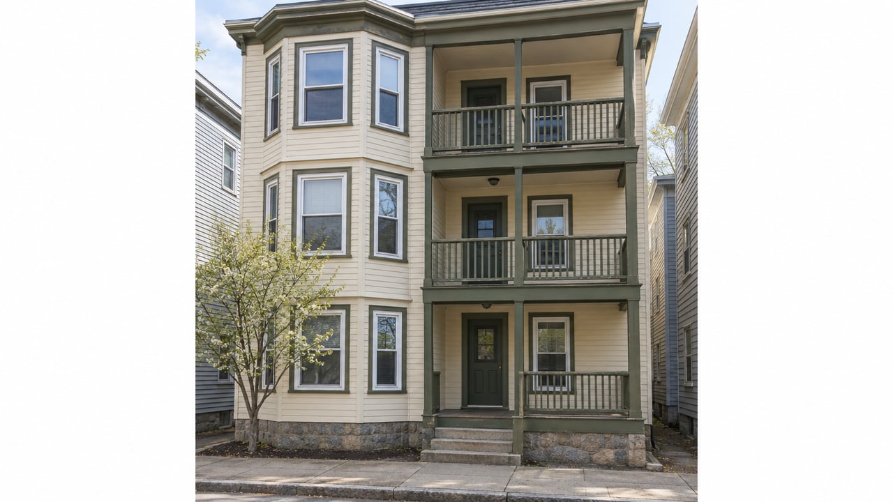 Three-story ivory clapboard house with stacked olive decks and a projecting window bay above a stone foundation.