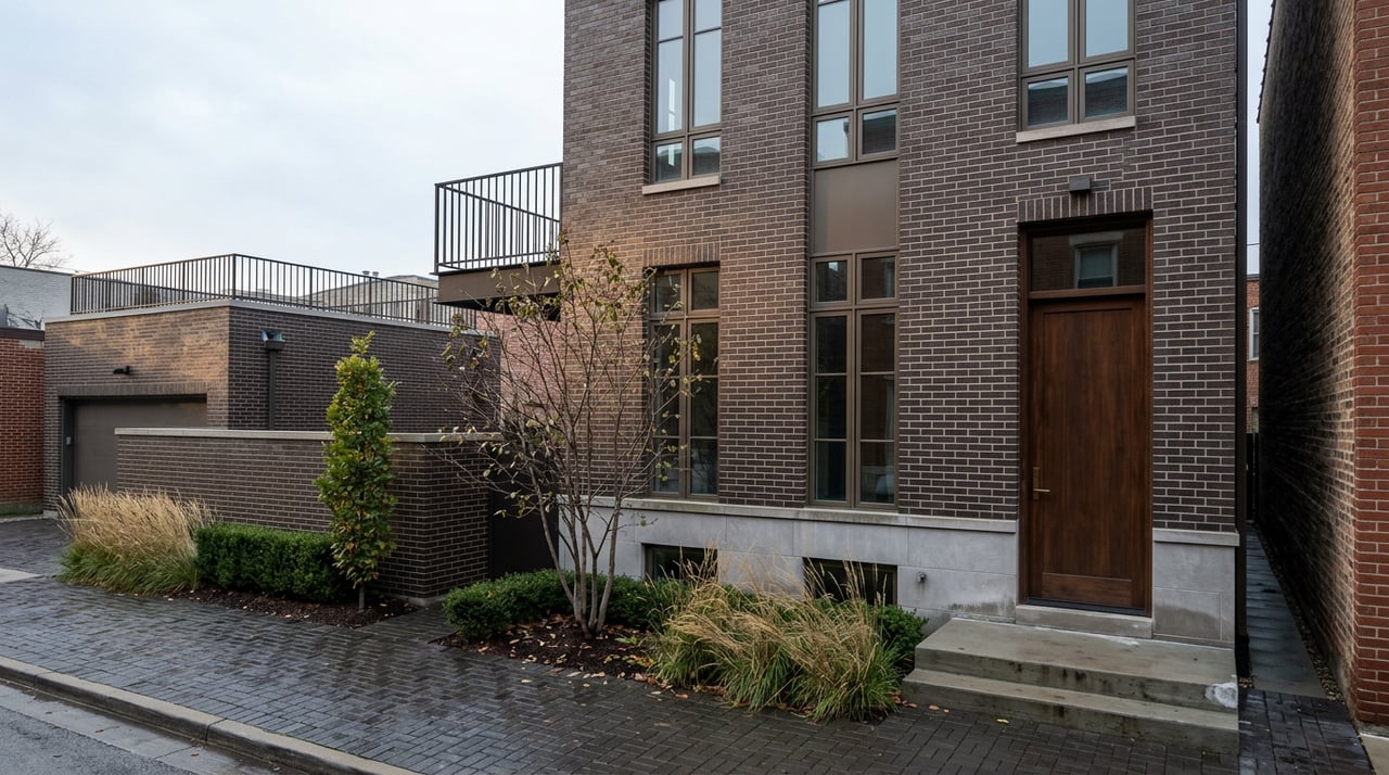 New brick infill home with limestone base, rooftop deck, and rain-darkened pavers on a narrow city lot.