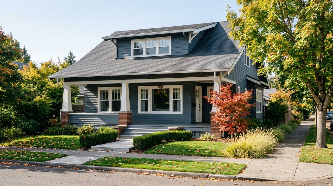 Two-story slate-blue Craftsman house with a covered porch, red-orange Japanese maple, and fallen leaves along the walkway.