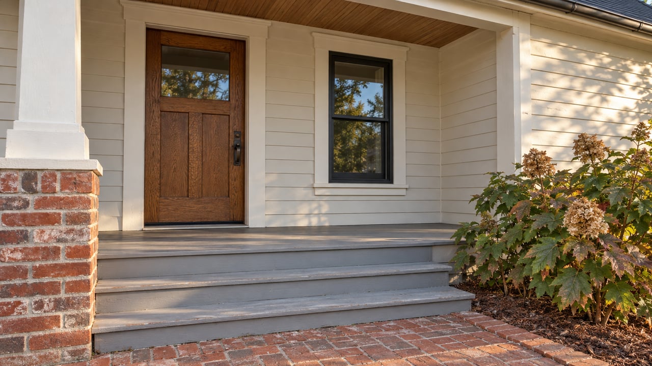 Sunlit bungalow porch with an oak entry door, ivory siding, gray painted steps and a brick landing beside an oakleaf hydrangea.