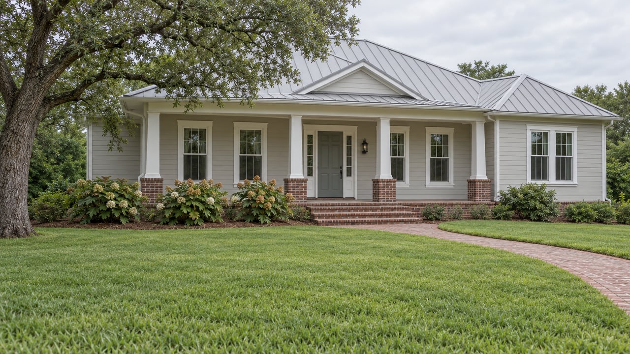 Pale gray home with a metal hip roof and white-columned brick porch beyond a broad green lawn and curved brick walk.