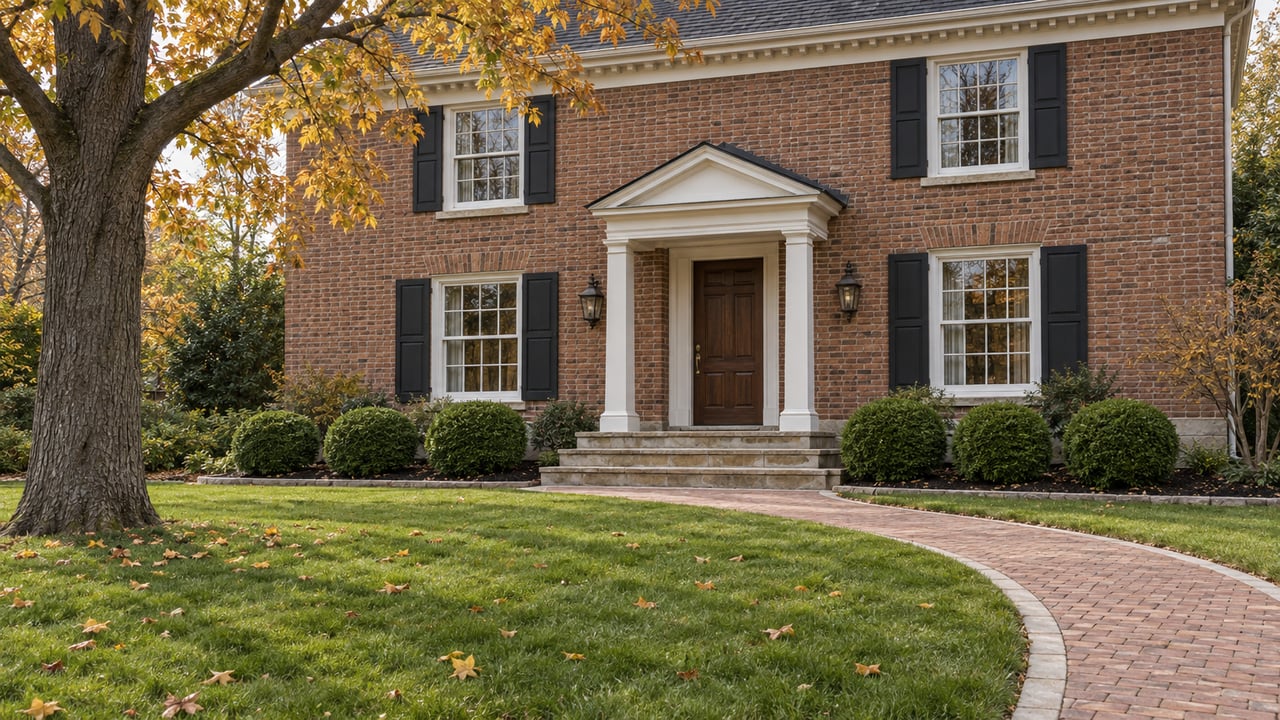 Traditional brick home with a walnut entrance, limestone steps and a curved brick walk across an autumn lawn beneath a mature maple.