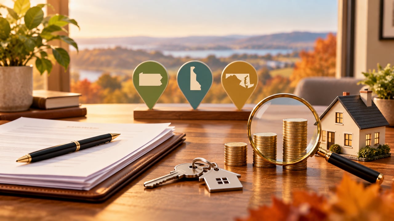 Closing-cost still life with paperwork, keys, coins, a house model, and regional map markers.