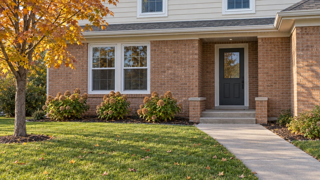 Brick-and-cream-sided home with a recessed charcoal entry, concrete walk, autumn maple and generous front lawn.