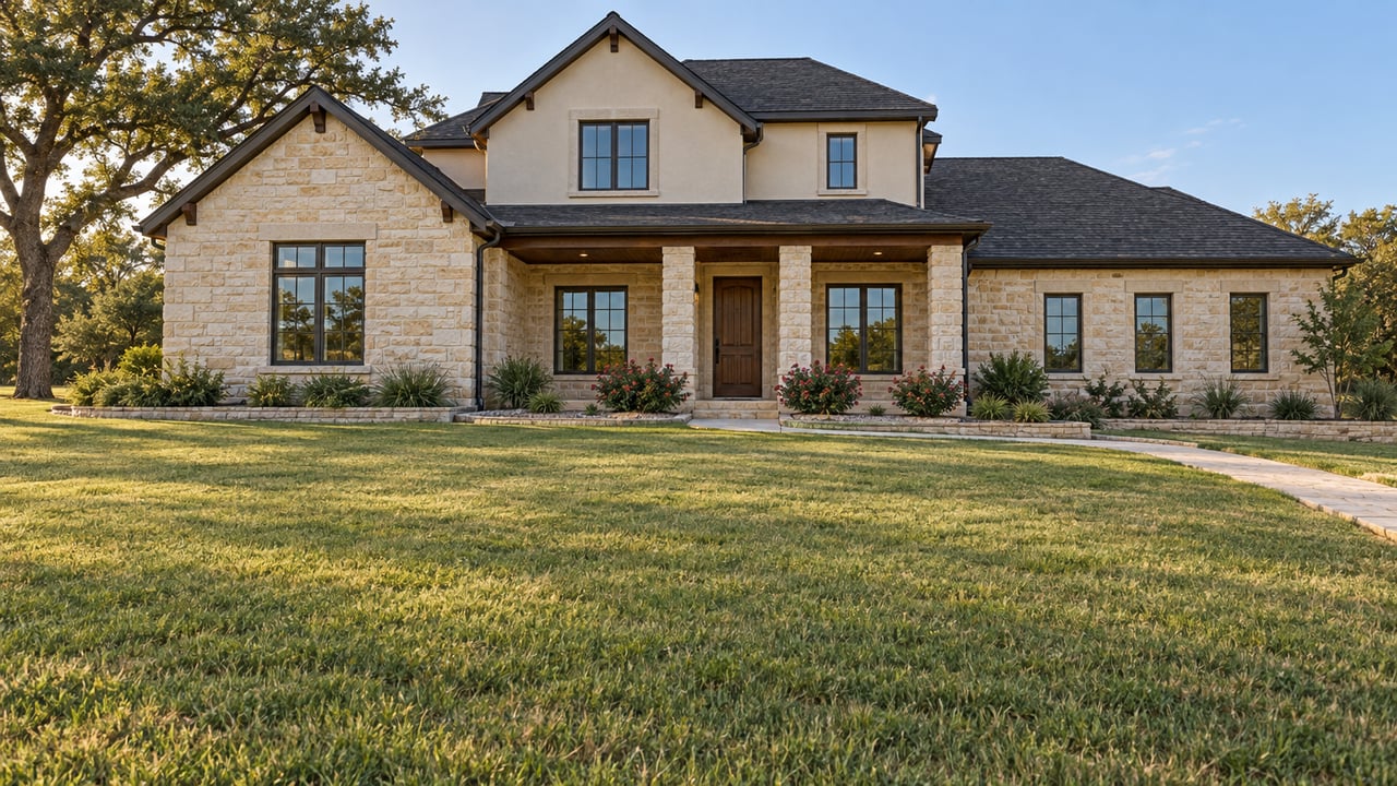A limestone and ivory stucco home with pitched roofs, a shaded entry, and a broad lawn beneath a mature oak.