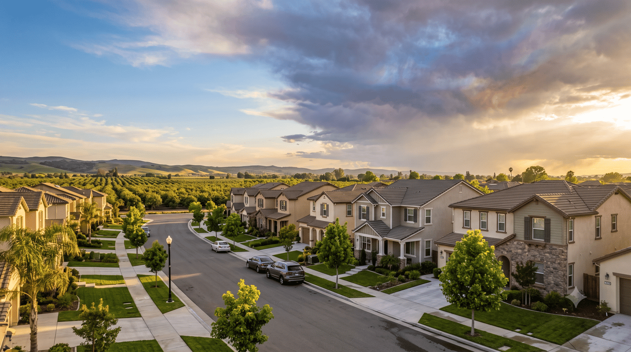 Aerial view of suburban neighborhood at dusk with mountain backdrop