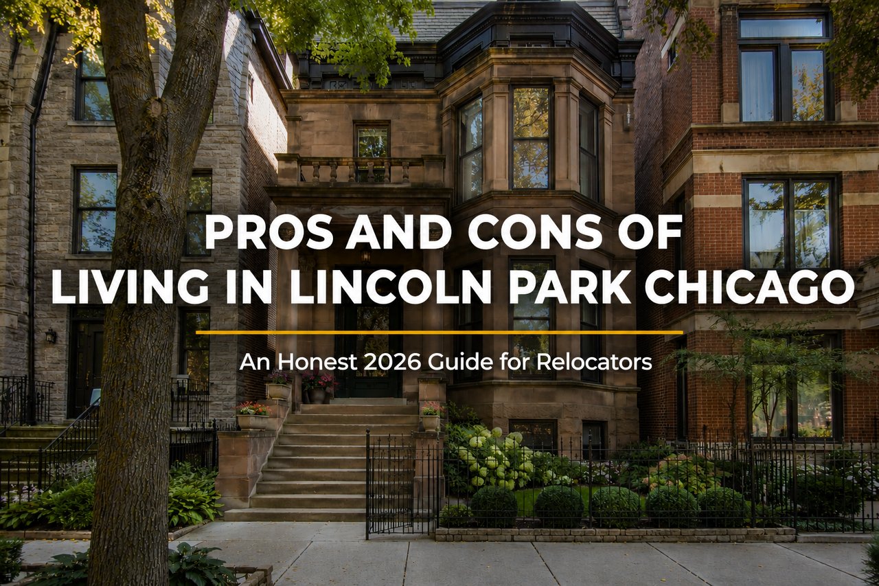 Classic Chicago brownstone and greystone homes on a tree-lined residential street in Lincoln Park Chicago