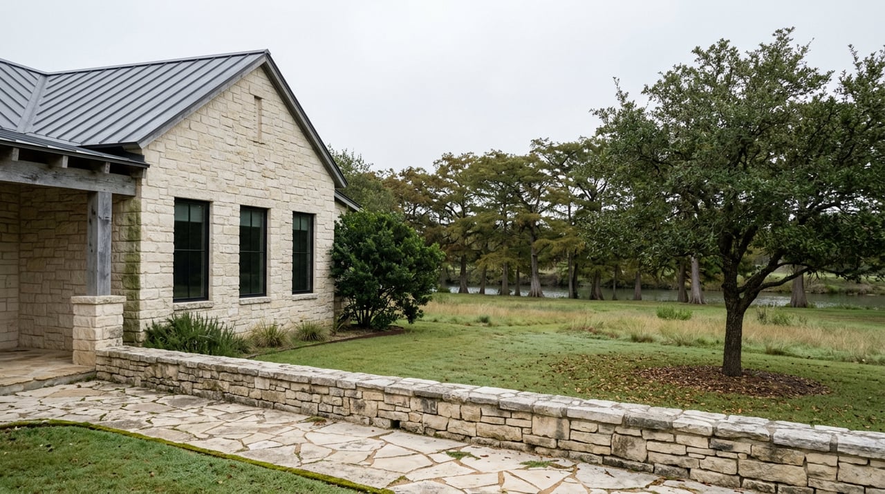 Limestone home with a metal roof beside a flagstone path, oak tree, meadow, and cypress-lined riverbank.