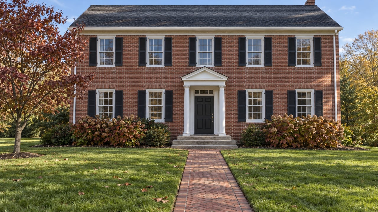Brick two-story home with paired black shutters, a white columned entry, deep autumn lawn and burgundy dogwood.