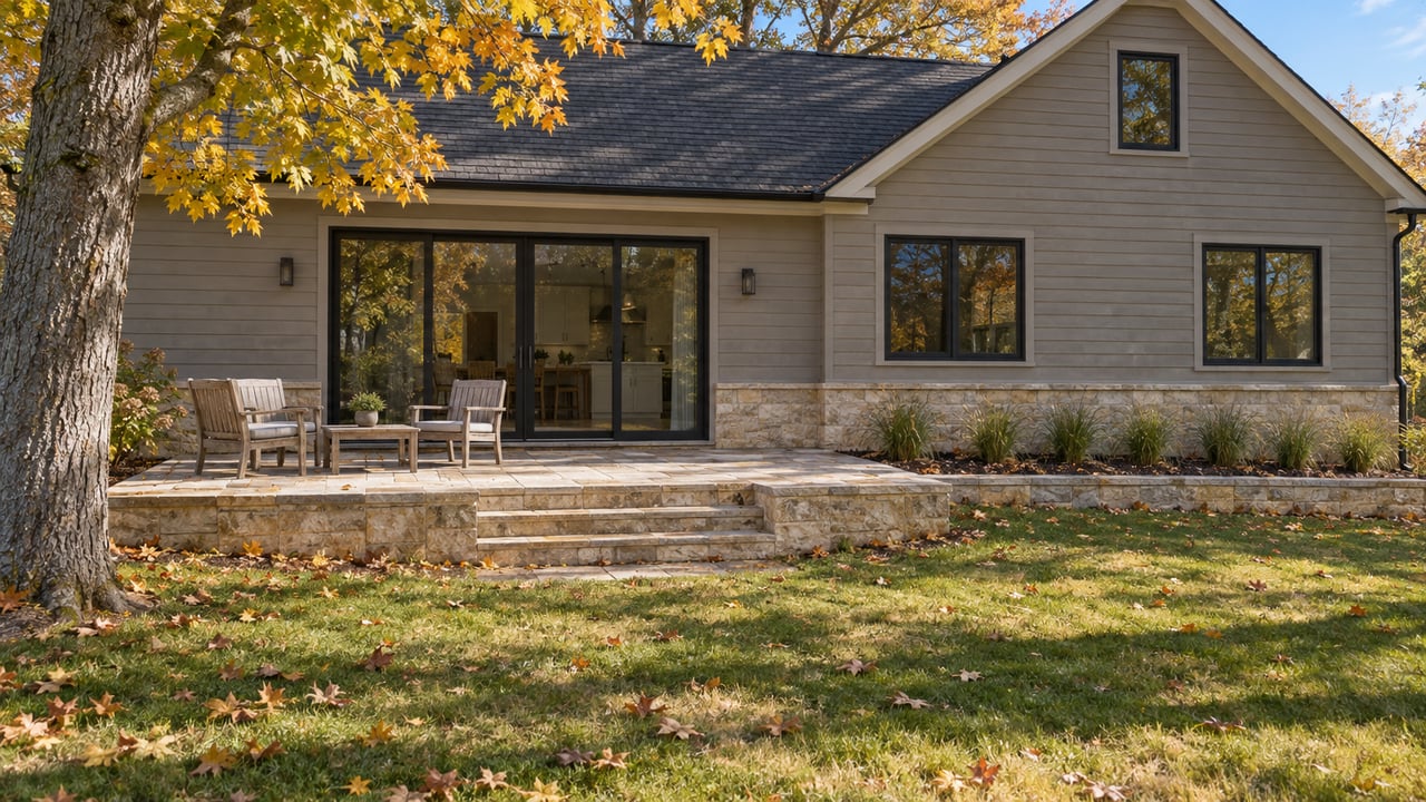 Wood-sided home with a limestone terrace, teak chairs and a golden sugar maple overlooking an autumn lawn.