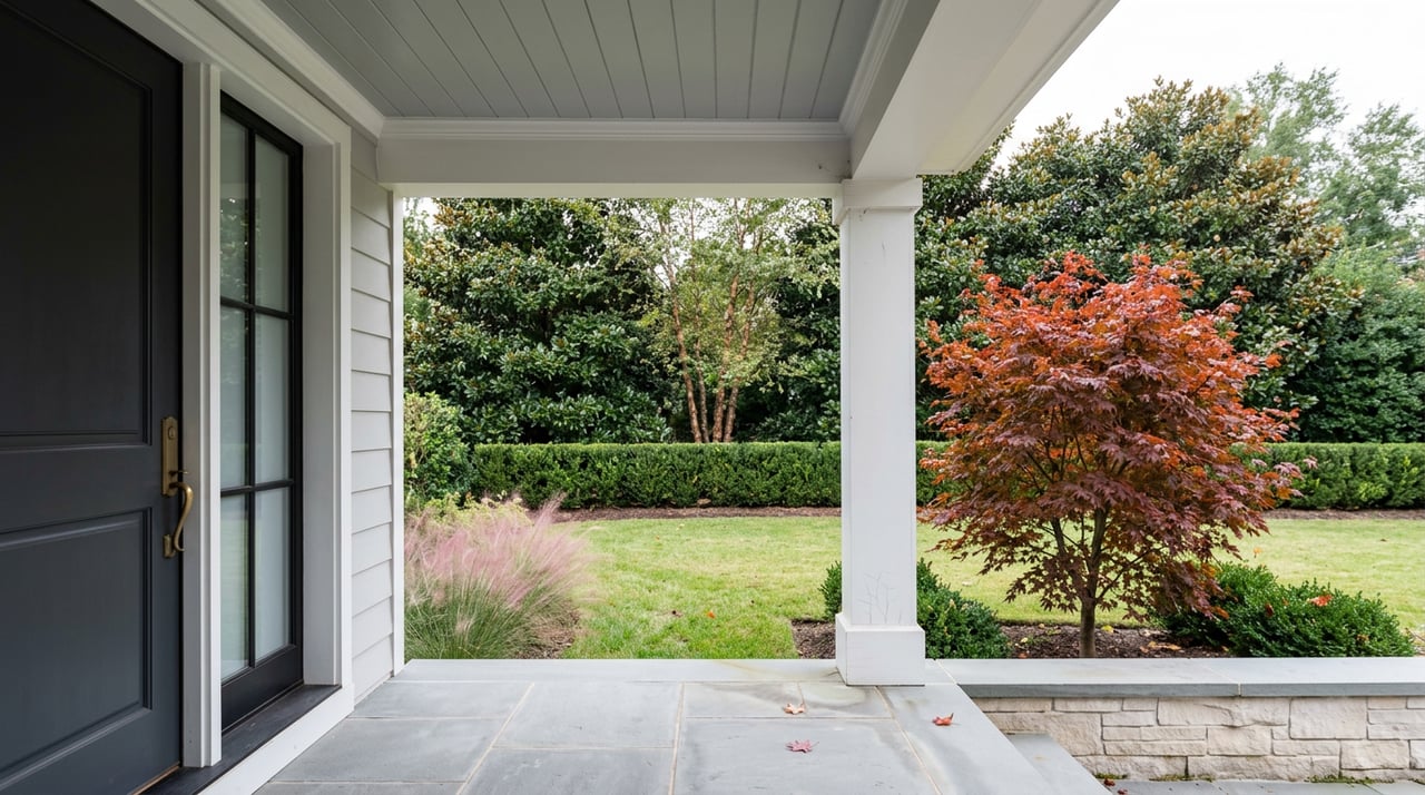 Covered portico with a white column and bluestone floor overlooking a lawn, red Japanese maple, and clipped hedge.