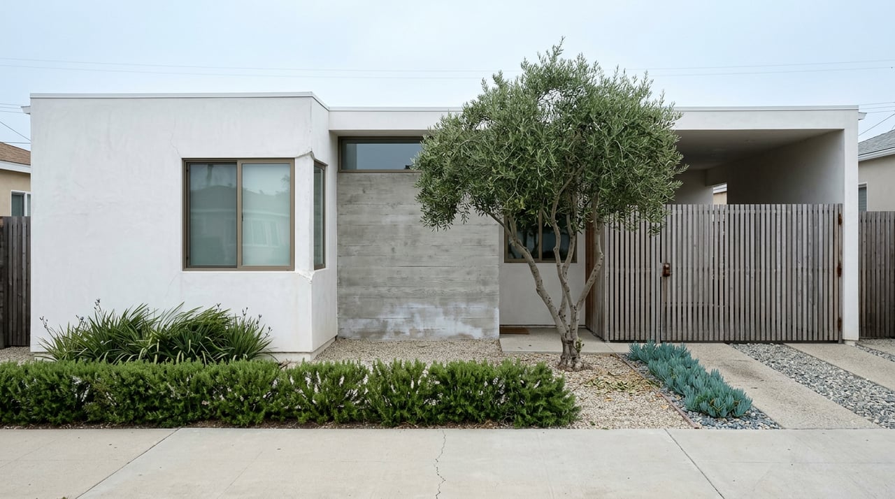 Single-story white stucco home with a weathered cedar slat gate, olive tree, and narrow planted setback.
